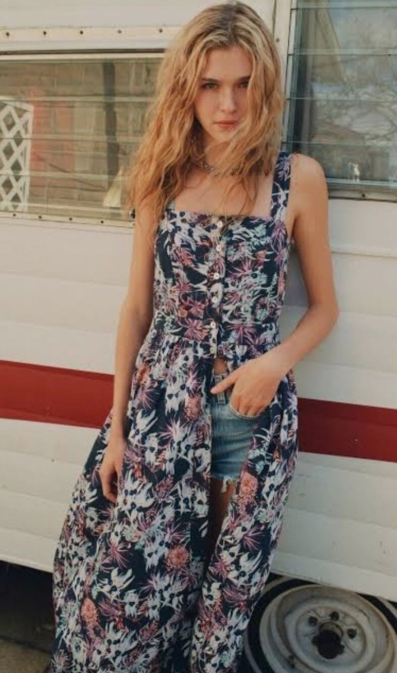 NEW $458 Chufy Dusty Maxi Tie Dress XS Yindi Blue Organic Cotton Smocked Floral